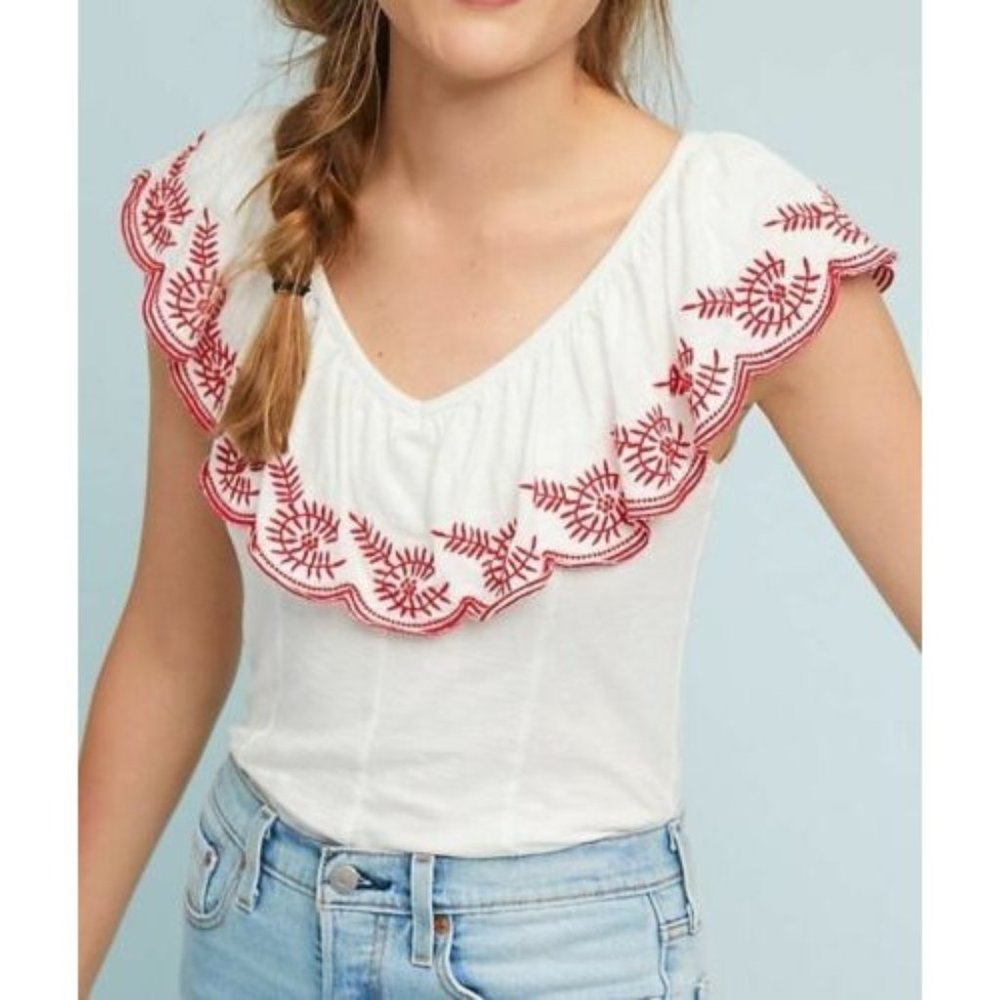Anthropologie Moulinette Soeurs Julieta Red & White Embroidered Short Sleeve L